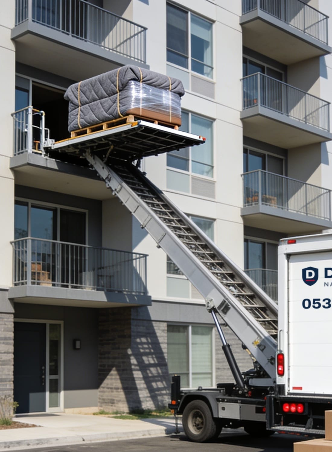 Mobil asansör platformunda battaniyeyle paketlenmiş mobilya, apartman balkonu